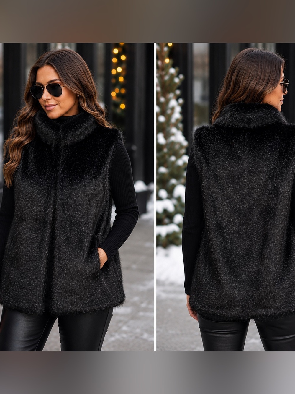 RENVY Black Faux Fur Vest | Soft Plush Open Front One Size